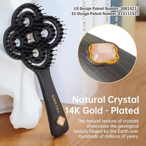 Simetra Detangler Hair Brush for Women and Men, Holiday Present - Original Detangling Brush for Curly Hair/Wet & Dry Hair, Natural Boar Bristles Hairbrush - Natural Crystal Inlay & 14K Gold Plating - Image 2