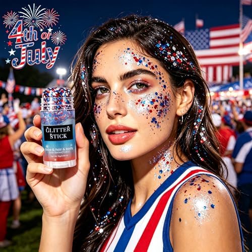 Go Ho 4th of July Red White and Blue Face Hair Body Glitter Stick + 6 Pcs Flag Glitter Freckle Face Tattoos,250 Anniversary USA Merchandise,Patriotic Independence Day Decorations Outfits for Women - Image 3
