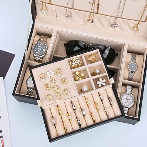 LANDICI 2-Layer Jewelry Box with 4 Watch Slots and Removable Tray, Black - Image 3