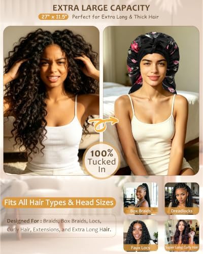 AWAYTR Long Satin Bonnet for Braids - Double Layer Hair Bonnet for Sleeping - Image 2