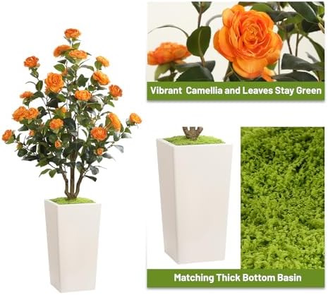 Romantic Season 4FT Artificial Camellia Tree with White Tall Planter, Orange Faux Camellia Plant Flower Tree for Modern Home Office Living Room Floor Décor Outdoor Indoor，Orange - Image 2