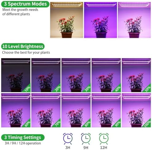 RWNTAO Two Strip Growing Lamp for Indoor Plants, Red & Blue & Yellow Full Spectrum LED Grow Light Strips with Auto ON/Off 3/9/12H Timer,10 Dimmable Levels for Green House Succulent (2 Head 13 in) - Image 3
