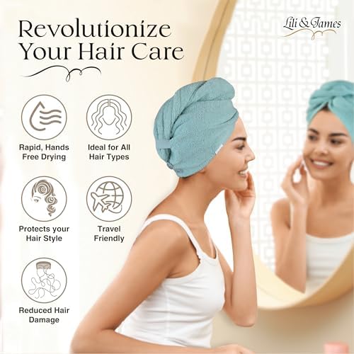 Lili&James 100% Cotton Hair Towel Wrap for Women & Kids – 420 GSM Quick Dry Hair Turban with Double Button Loop, Anti Frizz Non Microfiber Hair Drying Towel for Long & Thick Hair (White+Grey+Aqua) - Image 6