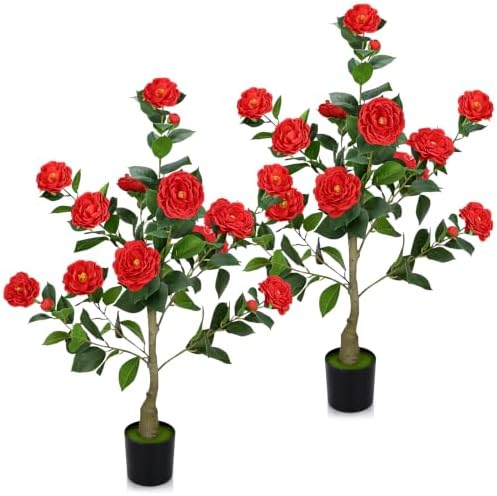2 Pack 3FT Artificial Camellia Trees with Red Flower for Outdoor by TOBILU