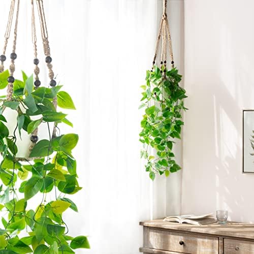 Mkono Fake Hanging Plant, Macrame Hanger with Pothos Vines & Pot, Brown - Image 2
