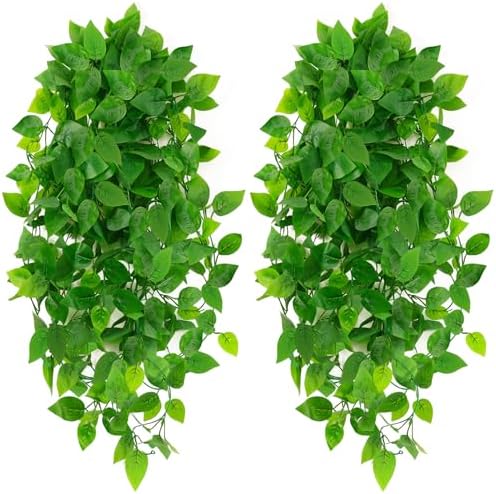 Artificial Hanging Plants, 2pcs Fake Pothos Vine Greenery for Wall Decor - Indoor Outdoor Home Living Room Hanging Decor, No Basket Included by PLACHIDAY