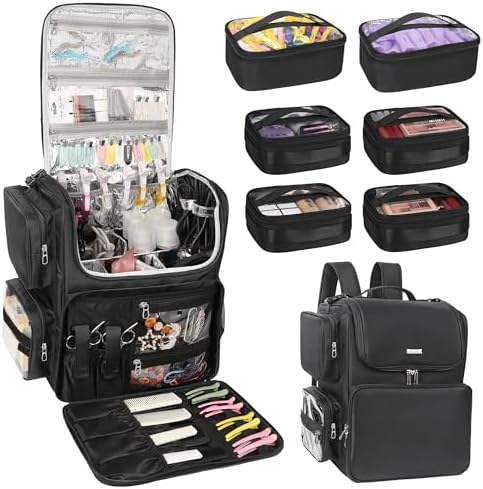 Relavel Hair Tools Travel Bag with 6 Pcs Clear Bags, Hair Stylist Backpack Hairdresser Cosmetology Bag, Heat Insulation Full Layer for Curling Iron, Hair Straightener, Travel Accessories Train Case by Relavel