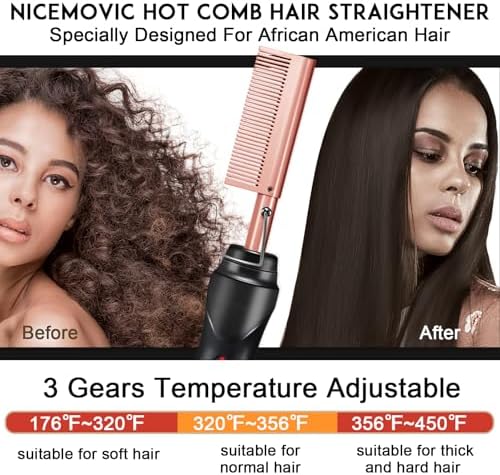 NICEMOVIC Ceramic Heating Hair Straightener Comb - Hot Pressing Brush for Natural Black Hair, Beard Wigs, and Curling (Rose Gold) - Image 3
