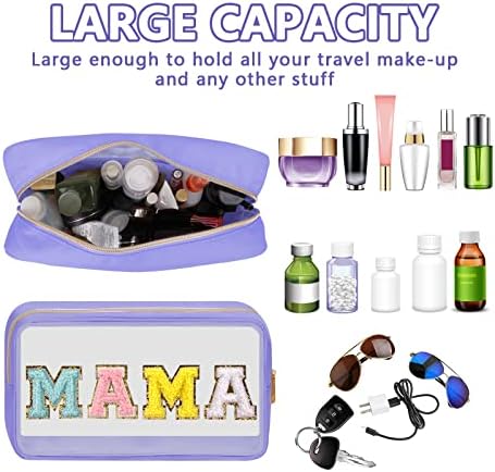 Iqimott Clear Patch Makeup Bag Mama Pouch, Preppy Personalized Chenille Letter Cosmetic Pouch for Travel, Nylon Waterproof Travel Essentials Zipper Toiletry Bags for Women Girls(MAMA, Purple) - Image 4