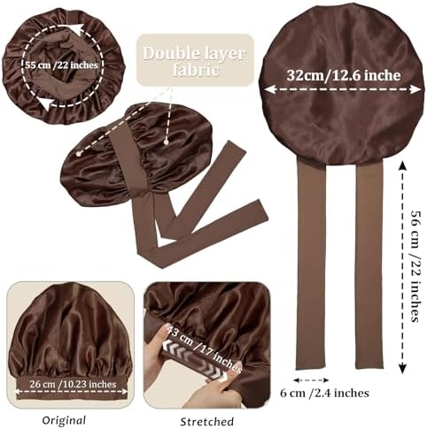 AWAYTR Satin Bonnet for Women, 2-Layer Large Sleep Cap with Adjustable Drawstring, Brown Includes 3 Hair Scrunchies - Image 2