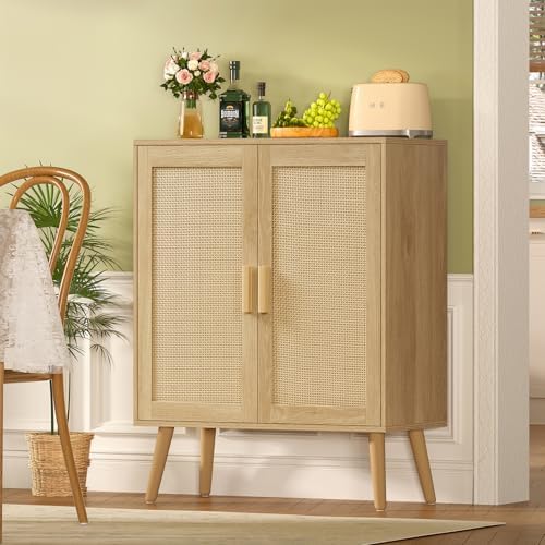 Iwell Storage Cabinet with 2 Shelves, Rattan Cabinet with 2 Doors, Sideboard Buffet Cabinets with Storage for Living Room, Dining Room, Entryway, Natural - Image 6