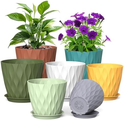 Meowell 7/6.5/6/5.5/5/4.5/4 inch Plant Pots for Indoor Outdoor Plants, 7 Pack Thick Flower Pots with Drainage Holes and Saucers, Modern Wave Texture Small Plastic Planters Nursery Pots, Multicolor by Meowell