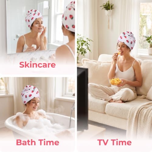 Microfiber Hair Towel Wrap, Quick Drying Hair Turban Towels, Strawberry - Image 6