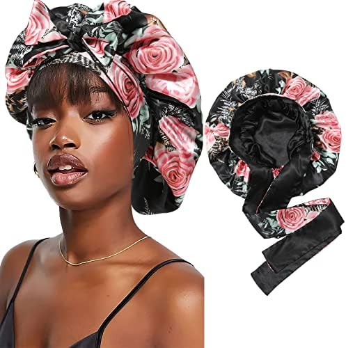 Satin Bonnet Silk Sleep Cap with Stretchy Tie Band for Curly Hair - Silk Hair Wrap (Black Pink Rose + Black) by CHLINS