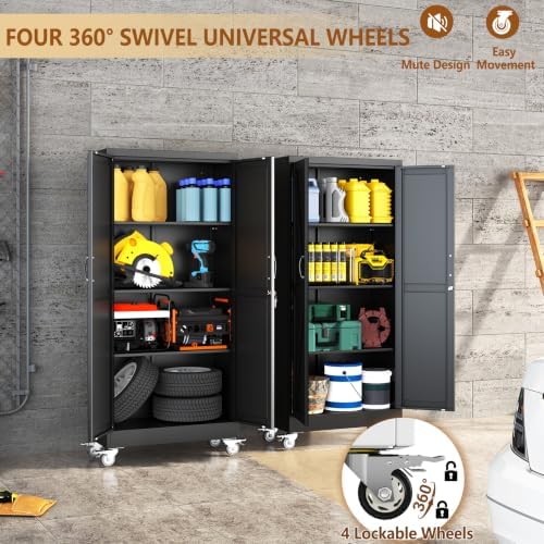 61" Metal Garage Storage Locker Cabinet with Wheels,Rolling Black Lockable Tool Cabinet with 2 Doors and 3 Adjustable Shelves, Steel Office File Cabinet for Home Office Warehouse Gym - Image 6