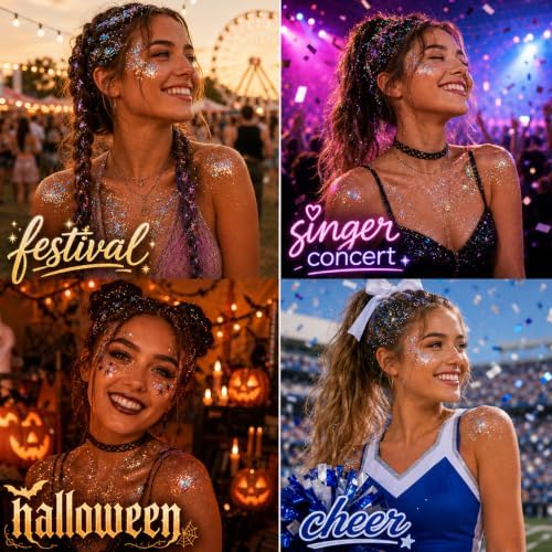 Rainbow White Hair Glitter Stick for Kids,Halloween Mermaid Costume Body Face Glitter, Singer Concert Cosplay Glitter Makeup,Waterproof Sequins Rave Outfit for Women,Mardi Gras Accessories - Image 5