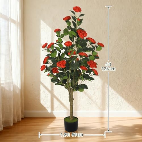 2-Pack 4FT Artificial Camellia Tree,Realistic Fake Potted Plants with Flowers&Planters,Indoor/Outdoor Faux Flowering Trees for Home,Office,Porch,Wedding,and Housewarming Gift Decor,Red - Image 2