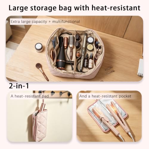 Hair Tools Travel Bag 5-Piece Set with Heat Resistant Mat Insulated Pouch and 2 Cord Straps, Large Fabric Organizer for Hot Brush Curling Iron Flat Iron Hair Dryer, Available in Pink - Image 2