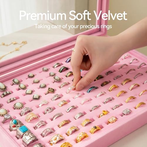 Frebeauty 100 Slots Ring Organizer Tray,Velvet Ring Box with Clear Lid - Image 5