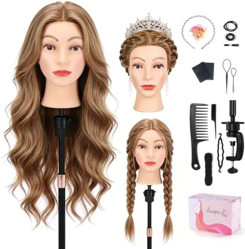 26'' Human Hair Mannequin Head,80% Mocha Brown Real Hair Mannequin Head,Cosmetology Manikin Head Doll Hair Styling Hairdressing Practice Training Wig Head with Clamp Holder and Tools by TopDirect