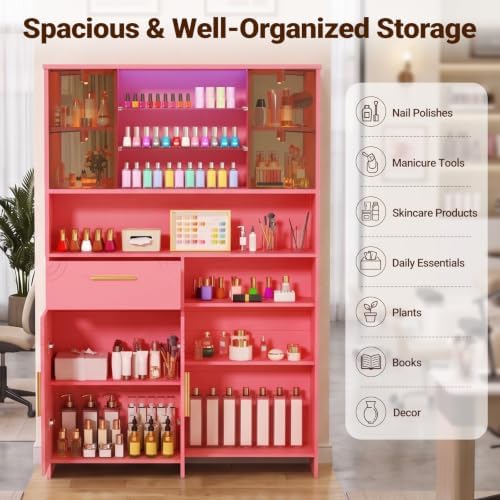 Professional Nail Storage Cabinet with LED Display Shelf (Pink) - Image 3