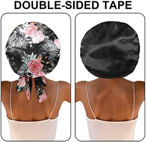 Satin Bonnet Silk Sleep Cap with Stretchy Tie Band for Curly Hair - Silk Hair Wrap (Black Pink Rose + Black) - Image 4