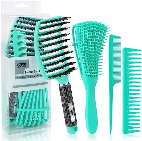 4pcs Curly Hair Brush Set for Adult & Kids Wet or Dry, Detangling & Wide Tooth Comb with Hair Detangler (4, Green) by KPX