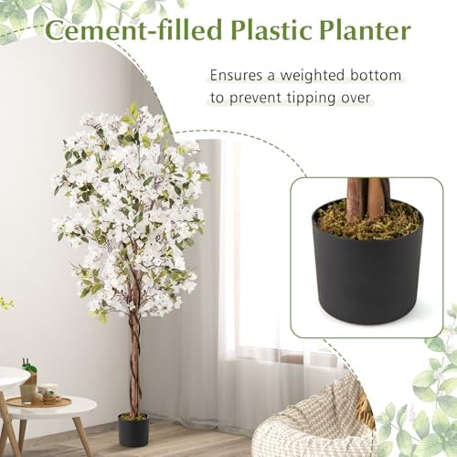 Goplus 6 FT Bougainvillea Artificial Tree, Faux Flower Tree in Pot with 910 Flowers, 105 Leaves, Real Wood Trunk, Tall Fake Floor Plant, Artificial Plants for Indoor Bedroom Living Room Decor, White - Image 4