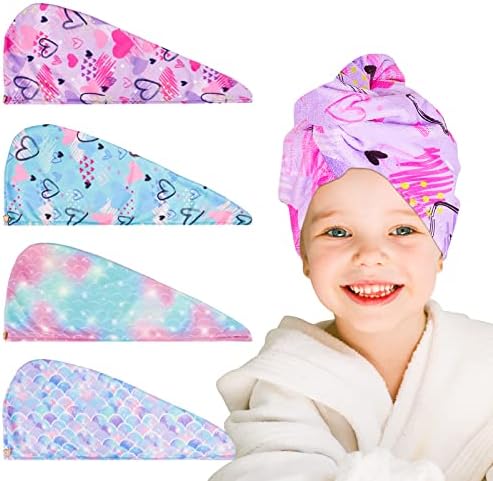 RETON 4 Pack Microfiber Hair Drying Towel, Hair Towel Wrap for Kids Girls Women, Super Absorbent Hair Turbans for Wet Hair, Fast Drying Hair Wrap with Buttons for Curly Long Thick Hair by RETON