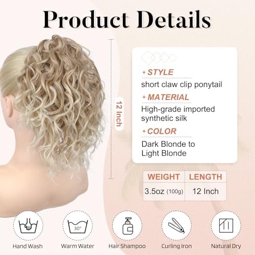 Flufymooz Ponytail Extension, 12" Short Claw Ponytail Extension Wavy Curly Jaw Clip in Pony tails Hair Extension Natural Synthetic Hairpiece for Women(Dark Blonde to Light Blonde) - Image 3