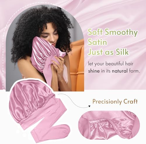 BONNET QUEEN Reversible Silk Satin Sleeping Bonnet for Women Double Layer Adjustable Curly Braids Wig Hair Night Sleep Hat Cap Tie Band M Rose - Image 5