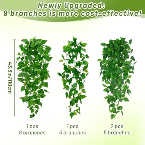 BLEUM CADE 2Pcs Fake Hanging Plants, 9 Branch Artificial Hanging Plant, Lush Faux Pothos Vines for Home Room Wall Shelf Porch Outdoor Indoor Decor (No Baskets) - Image 2
