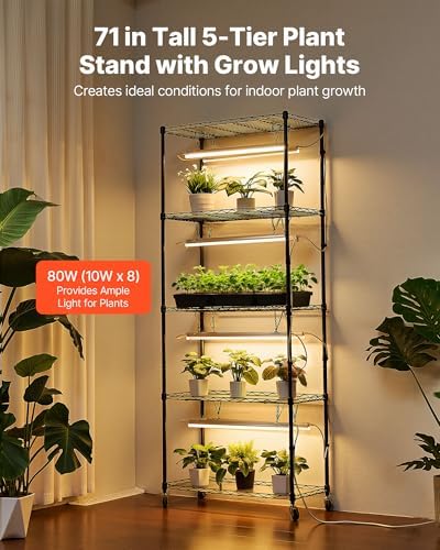 VEVOR Plant Shelf with Grow Light, 6-Tier Indoor Plant Stand, 71 in Tall Plants Display Rack with Wheels & 4/9/14H Timer, 80W T5 LED Full Spectrum Grow Lights, Flower Pot Holder for Seed Starting - Image 2