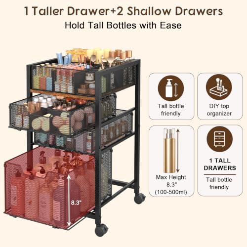 4-Tier Rolling Makeup Cart Organizer with 3 Drawers, Cosmetics Display with 2 Dividers, Floor Skincare Storage with Wheels, Versatile Vanity Organizer for Nail Polish Perfume Brush Hair Tool, Black - Image 2