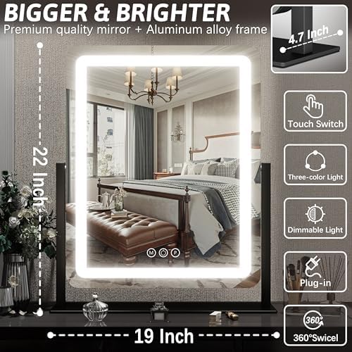 FENNIO Vanity Mirror with Lights 19"x22" - LED Lighted Makeup Mirror,Large Makeup Mirror with Lights,Touch Screen with 3-Color Lighting,Led Mirror Makeup,Dimmable, for Vanity Desk Tabletop, Bedroom - Image 6