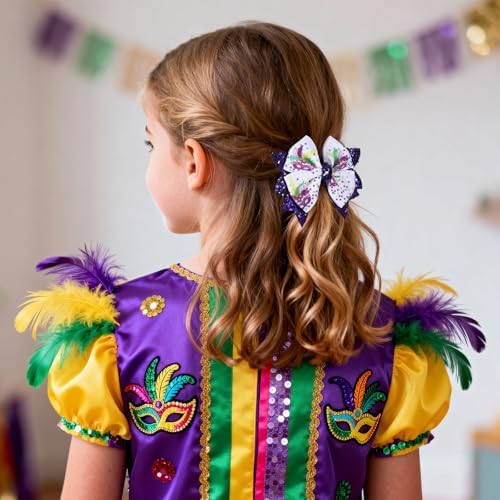 Mardi Gras Holiday Hair Bows for Girls, 3.5in Glitter Purple Sequins Ribbon Costume Bow Alligator Clips for Toddlers Teens Women Fat Tuesday Carnival Parade Accessories Gift Set 2 - Image 5