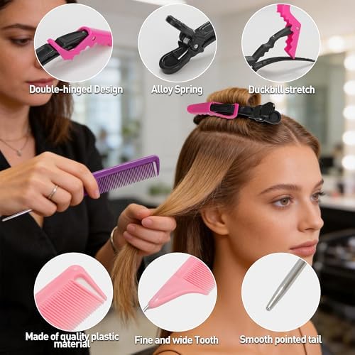 Rat Tail and Parting Combs with Styling Clips: 3 Metal Teasing Combs for Braids, 7 Professional Sectioning Hair Clips - Image 5