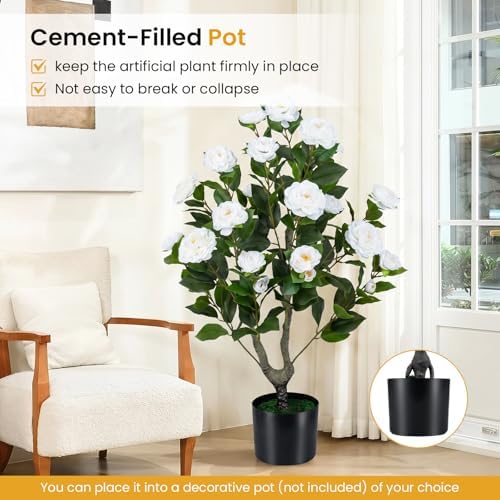 Goplus 35.5’’ Artificial Camellia Tree, Flower Plants Artificial Tree - Image 5