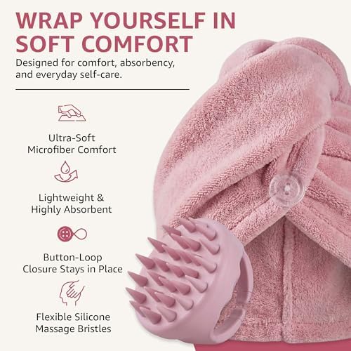 chérie Microfiber Hair Towel Wrap and Scalp Massager Scrubber Set, Pink - Image 2