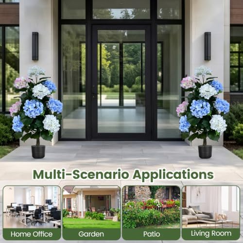 2 Pack 3FT Artificial Hydrangea Trees with Pots, Realistic Pink White Blue Faux Hydrangea Plants, UV Resistant Potted Flowering Tree for Indoor Living Room, Entryway, Front Porch, Patio & Garden Decor - Image 3
