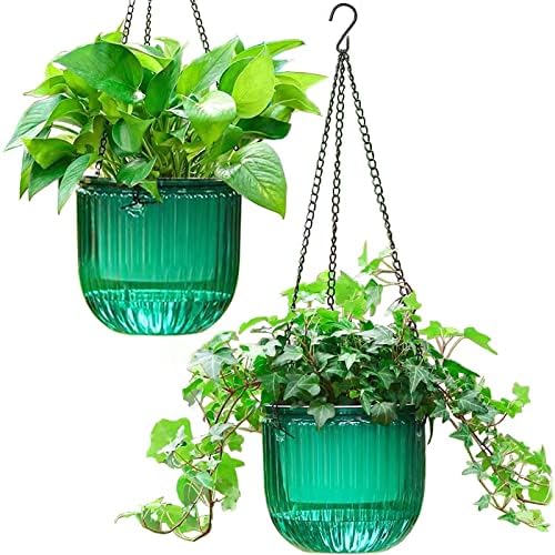 Melphoe 2 Pack Self Watering Hanging Planters Indoor Flower Pots, 6.5 Inch Outdoor Hanging Basket, Plant Hanger with 3Hooks Drainage Holes for Garden Home (Emerald) by Melphoe