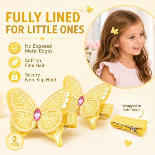 2 Pcs Butterfly Hair Clips for Girls, Fully Lined, Yellow - Image 3