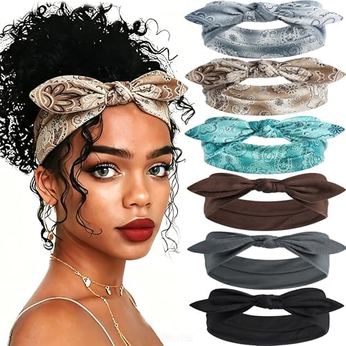 6 Pcs Short Bow Headbands for Women Paisley Print Hair Band by ZUYASEZ