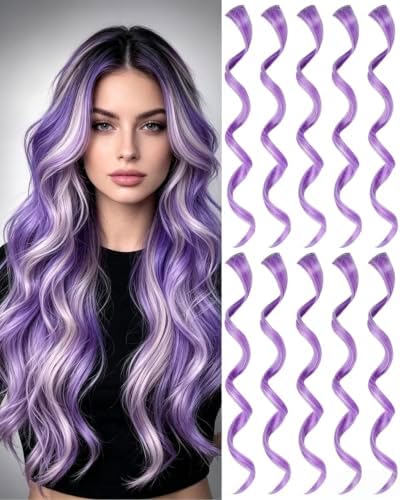 Purple Hair Extensions Clip-in 10 Pcs, Curly Wavy Hairpieces for Women Gift by Olldag
