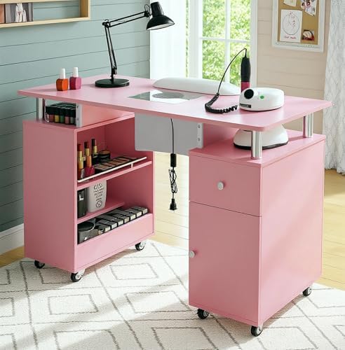 Manicure Table Nail Desk with Dust Collector & Wheels (Pink) - Image 2