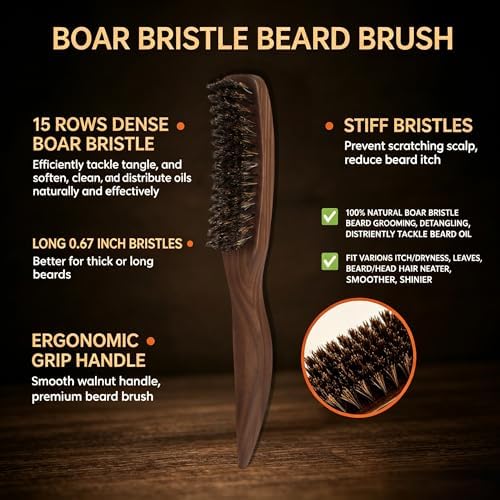 Men's Beard Brush, Walnut Wooden Handle, for Thick & Thin Hair, Slick Back - Image 5