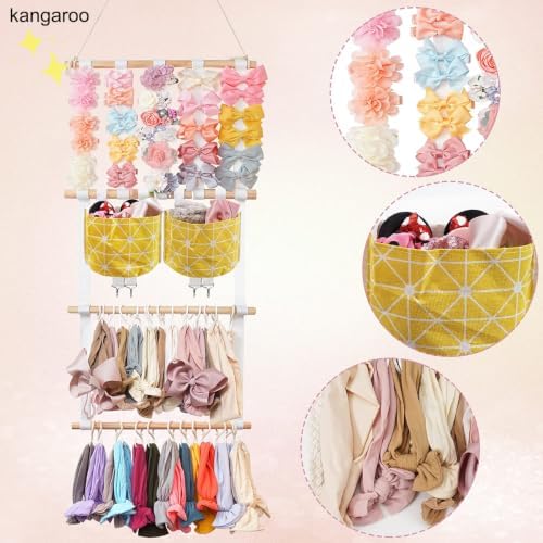kangaroo Hairband Organizer for Baby Girls, Large Capacity Bow Holder Hair Accessories Wall Hanging Organizer with 20 S-hooks and 2 Pockets, Yellow - Image 2