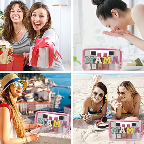 Iqimott Clear Patch Makeup Bag Mama Pouch, Preppy Personalized Chenille Letter Cosmetic Pouch for Travel, Nylon Waterproof Travel Essentials Zipper Toiletry Bags for Women Girls(MAMA, Pink) - Image 6