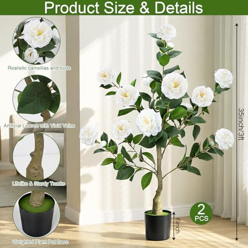 2 Pack 3FT Artificial Camellia Trees with White Flower for Outdoor - Image 2