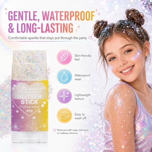 Iridescent White Glitter Stick for Hair Face & Body, Waterproof Chunky Glitter Makeup for Kids and Women, Mermaid Fairy Halloween Costume Outfit Accessories for Festival Rave Concert Carnival Party - Image 4